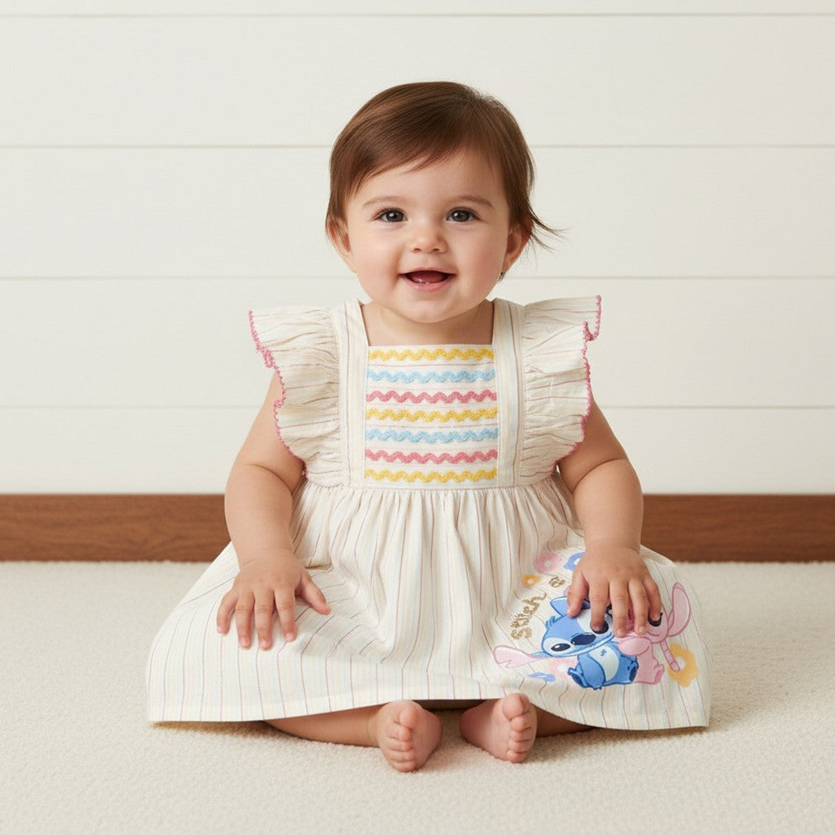 MAX-Angel and Stitch Print Striped Ruffle Sleeves Dress
