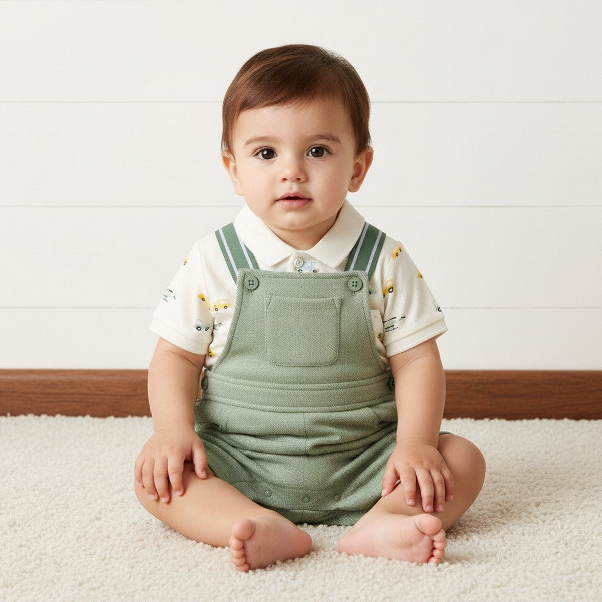MAX-Car Print Polo T-shirt and Dungaree Set