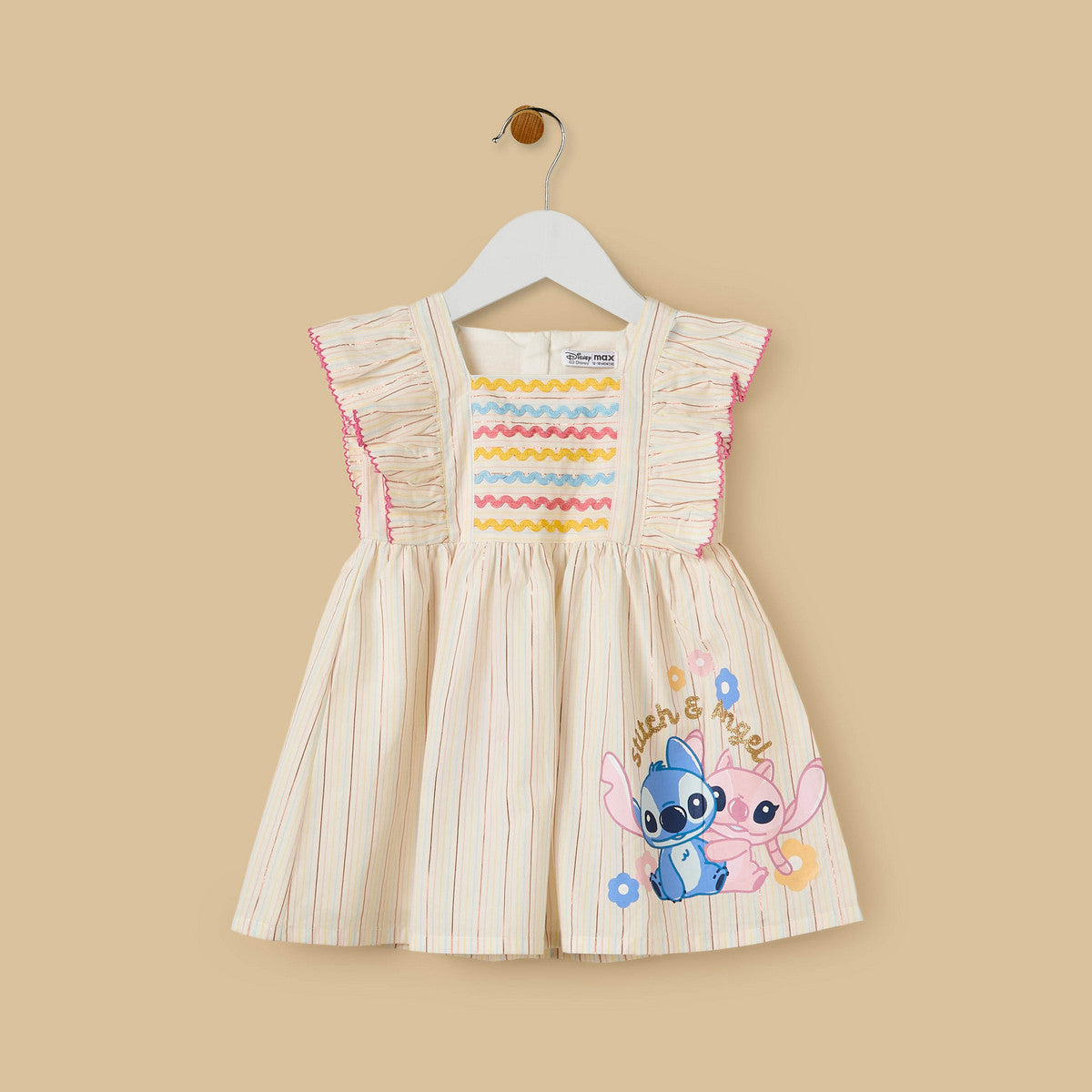 MAX-Angel and Stitch Print Striped Ruffle Sleeves Dress