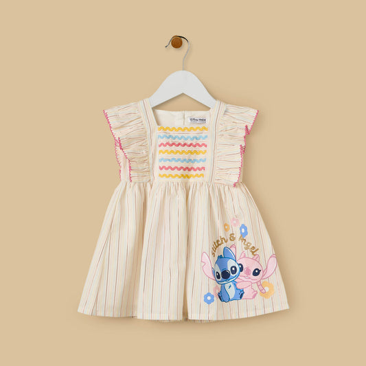 MAX-Angel and Stitch Print Striped Ruffle Sleeves Dress