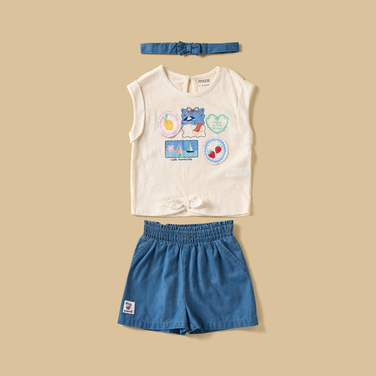 MAX-Printed Sleeveless Top with Denim Shorts and Headband