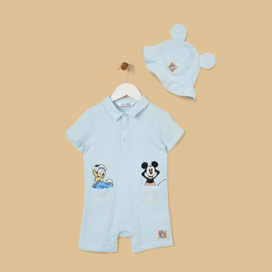 MAX-Mickey Mouse and Donald Duck Print Cotton Romper with Hat