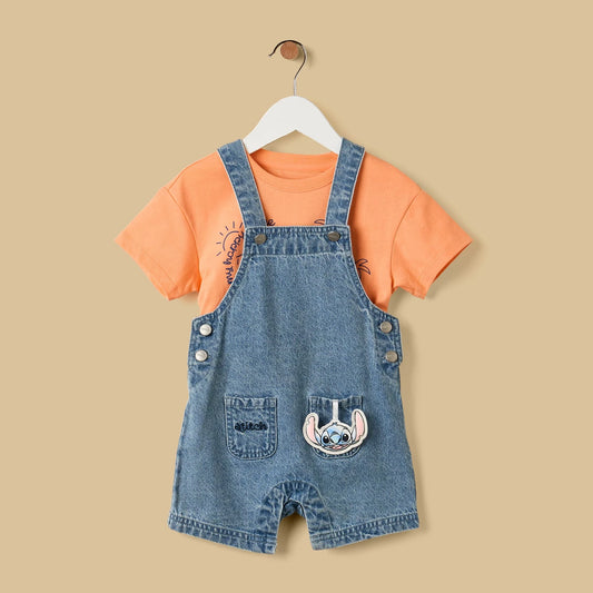 MAX-Stitch Embroidered Denim Dungaree with T-shirt