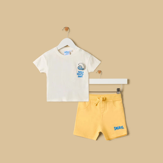 MAX-Smurfs Print Cotton T-shirt and Shorts Set