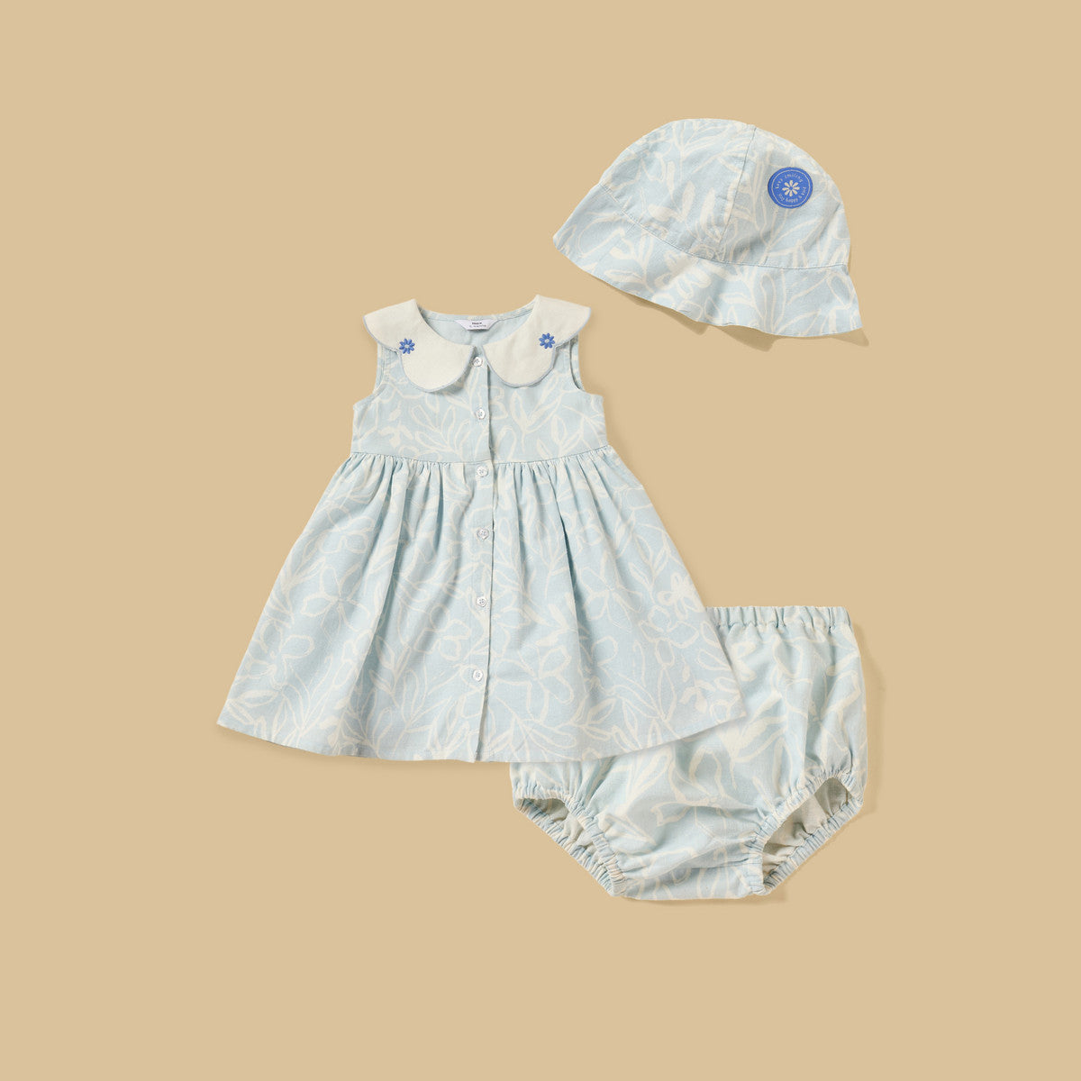MAX-Floral Print Linen Dress with Bloomers and Cap