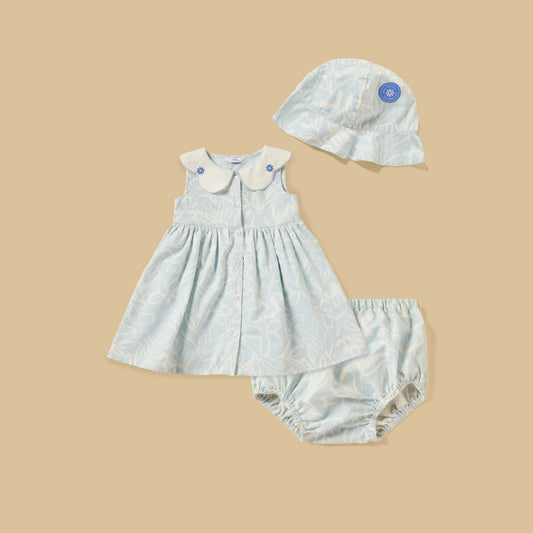MAX-Floral Print Linen Dress with Bloomers and Cap