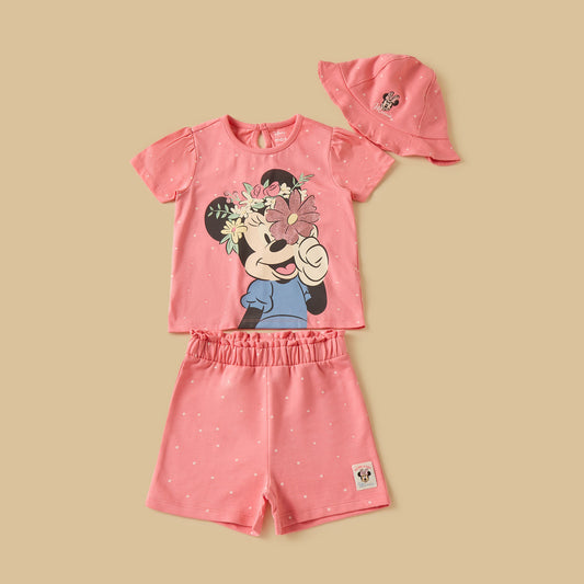 MAX-Minnie Mouse Print T-shirt with Shorts and Cap