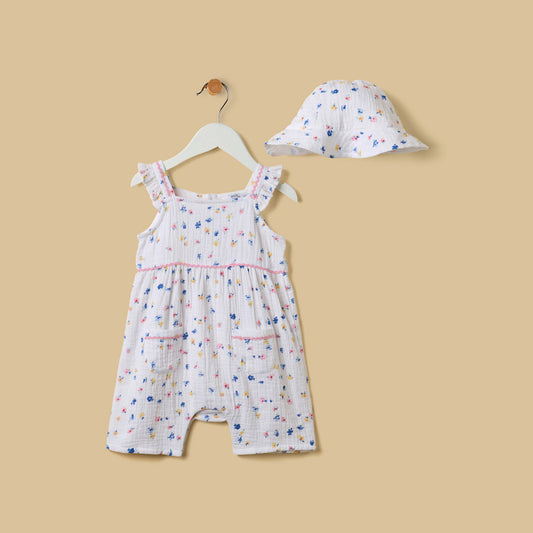 MAX-Floral Print Romper and Cap Set