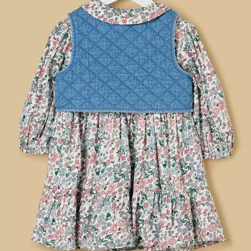 MAX-Floral Print Dress with Denim Shrug