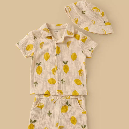 MAX-Lemon Print Double Gauze Cotton Shirt with Shorts and Hat