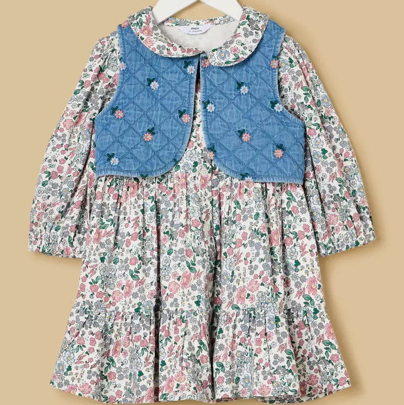 MAX-Floral Print Dress with Denim Shrug