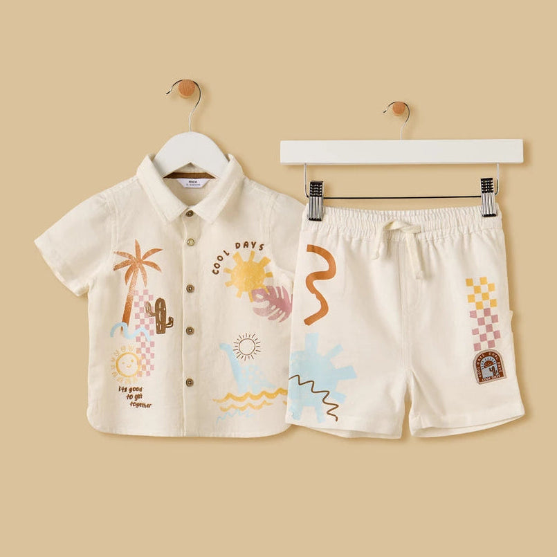 MAX - Graphic Print Linen Blend Shirt and Shorts Set
