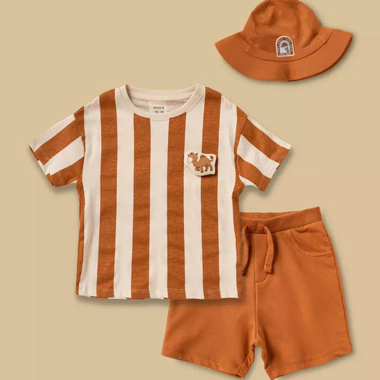 MAX-Striped Cotton T-shirt and Shorts Set with Cap