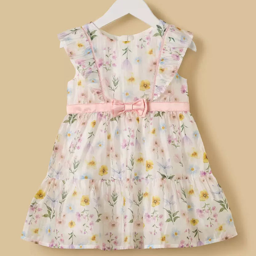 MAX-Floral Print Tiered Dress with Bow Accent