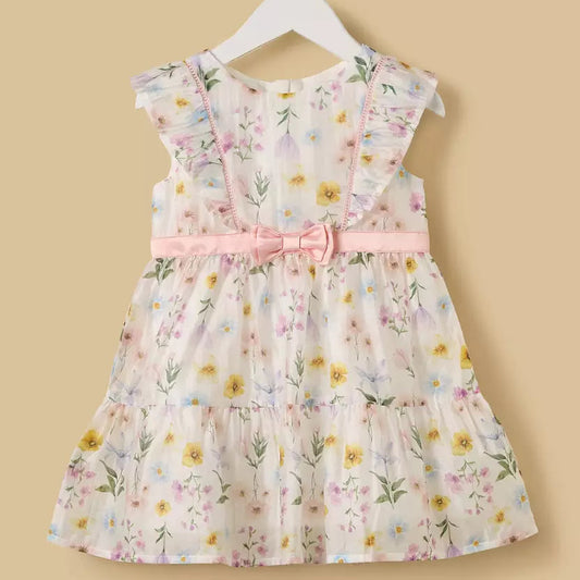 MAX-Floral Print Tiered Dress with Bow Accent