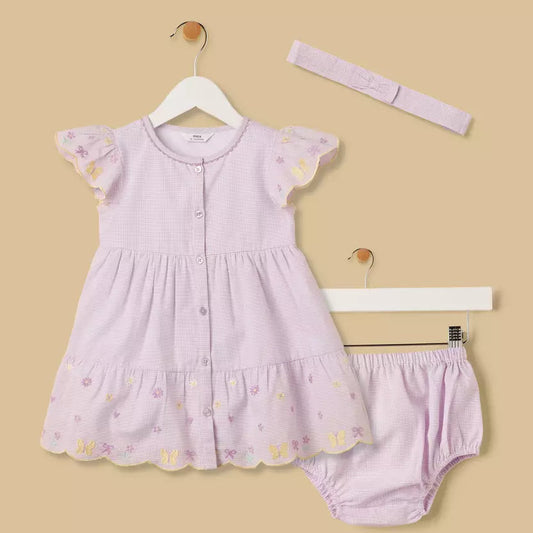 MAX-Gingham Check Cotton Dress with Bloomers and Headband