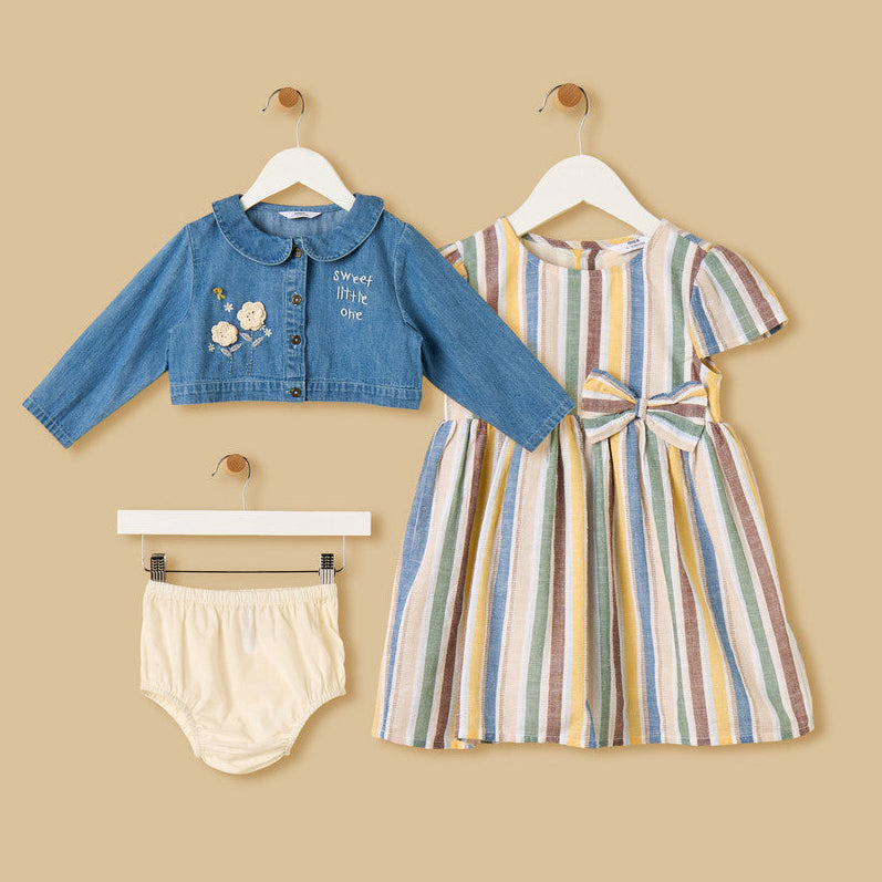 MAX - Striped Cotton Dress with Denim Jacket and Bloomers
