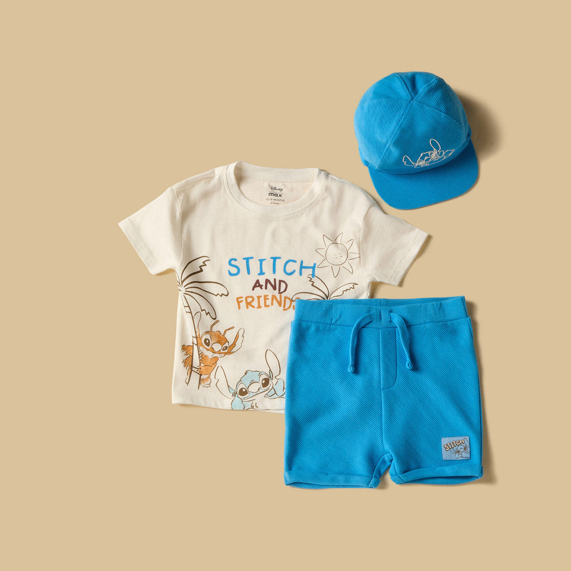 MAX-Stitch and Friends Print T-shirt with Shorts and Cap