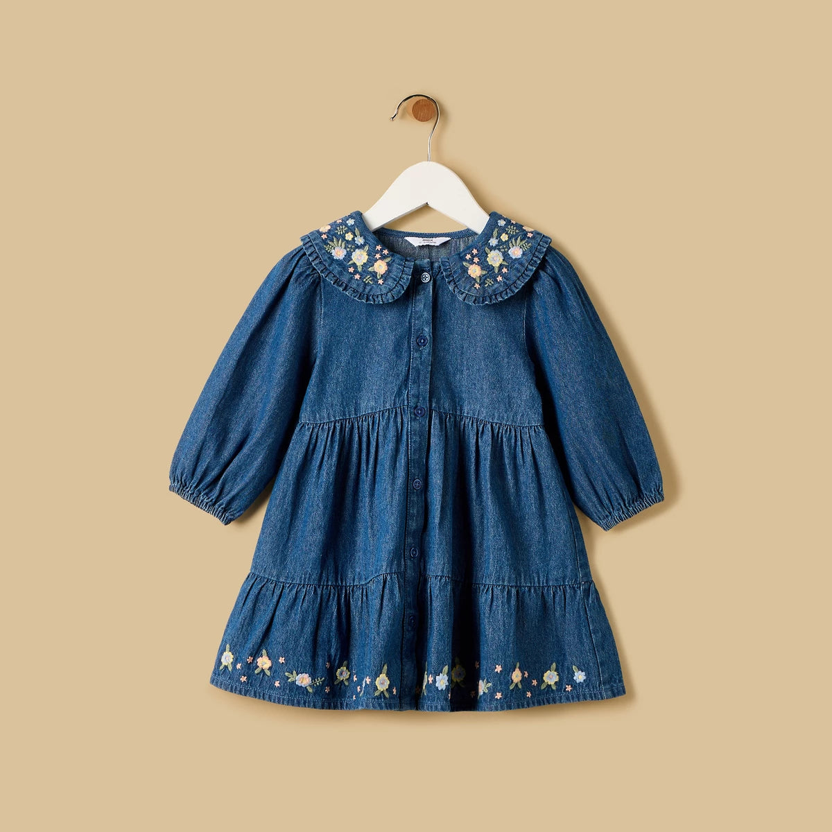 MAX-Embroidered Tiered Denim Dress
