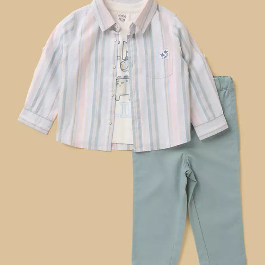 MAX-Striped Cotton Shirt with T-shirt and Pants Set