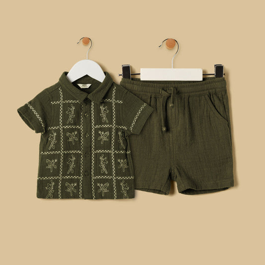 MAX - Embroidered Cotton Shirt and Shorts Set