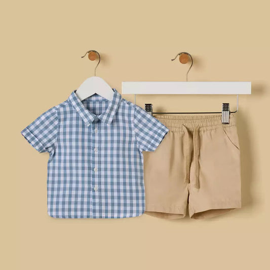 MAX-Gingham Cotton Shirt and Shorts Set