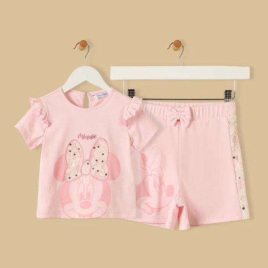 MAX-Minnie Mouse Print Cotton T-shirt and Shorts Set