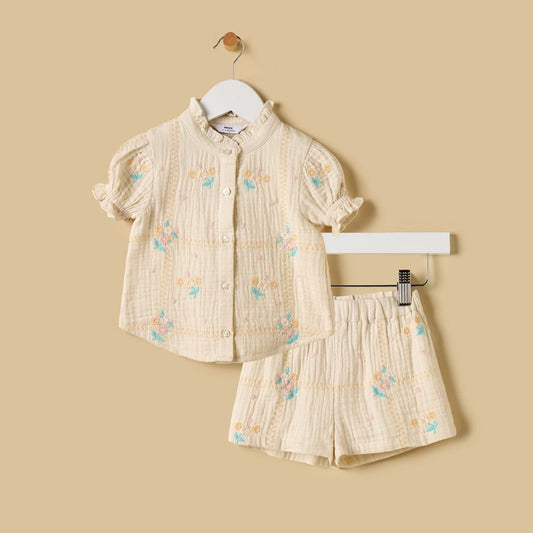 MAX-Embroidered Cotton Shirt and Shorts Set