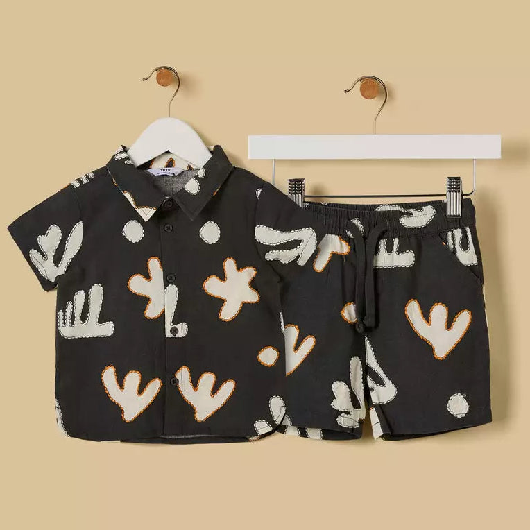 MAX-Printed Linen Blend Shirt and Shorts Set