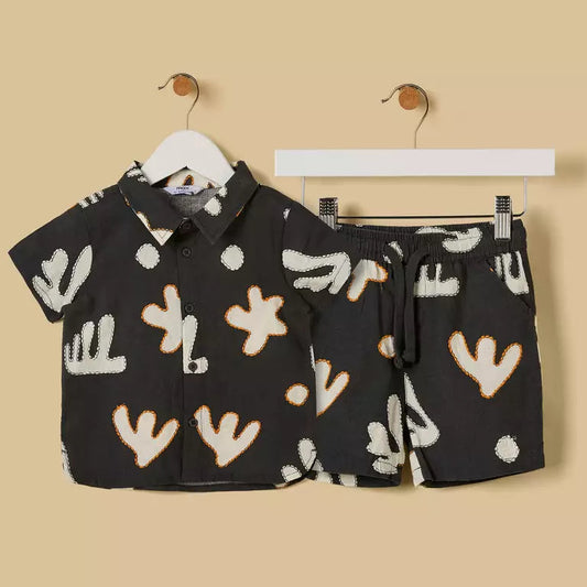 MAX-Printed Linen Blend Shirt and Shorts Set