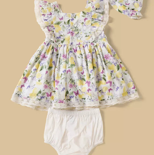 MAX-Lemon Print Sleeveless Dress with Bloomers and Cap