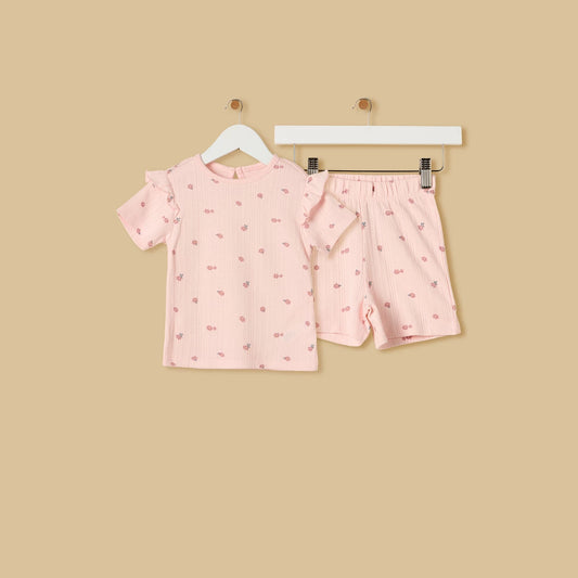 MAX-Floral Print Pointelle Cotton Shorts Set