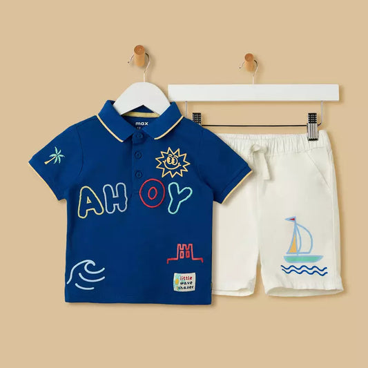 MAX-Ahoy Embroidered Pique Polo T-shirt and Shorts Set