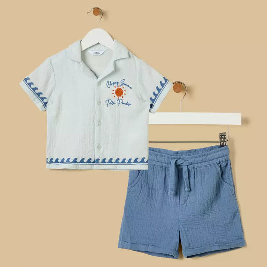 MAX-Embroidered Cotton Shirt and Shorts Set