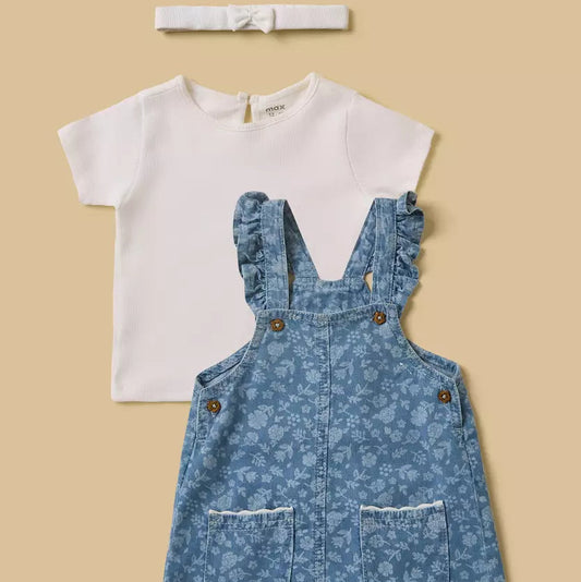 MAX-Printed Denim Pinafore with T-shirt and Headband Set