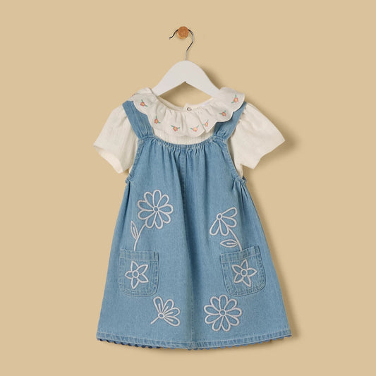 MAX - Embroidered Denim Pinafore and Top Set
