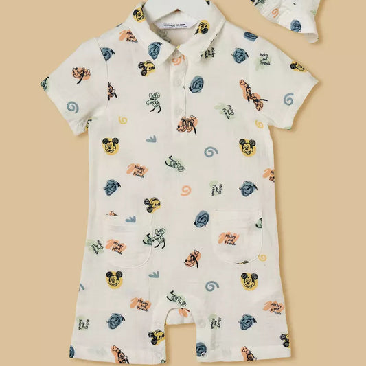 MAX-Mickey Mouse and Friends Print Cotton Romper and Cap