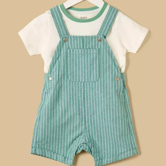 MAX-Striped Cotton Dungaree and T-shirt Set