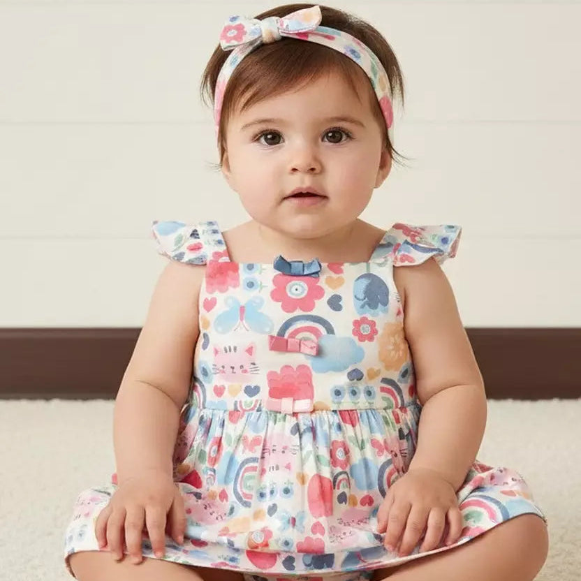 MAX-Printed Sleeveless Dress with Headband and Bloomers