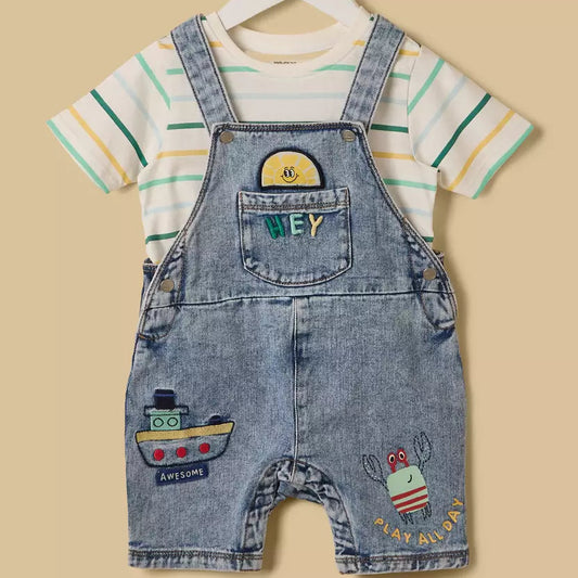 MAX-Embroidered Denim Dungaree with Striped T-shirt